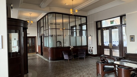 Main entrance hall with old telephone exchange